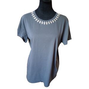 Edgely Women's L Charcoal Grey Short Sleeve T-Shirt With Bejeweled Neckline, NWT
